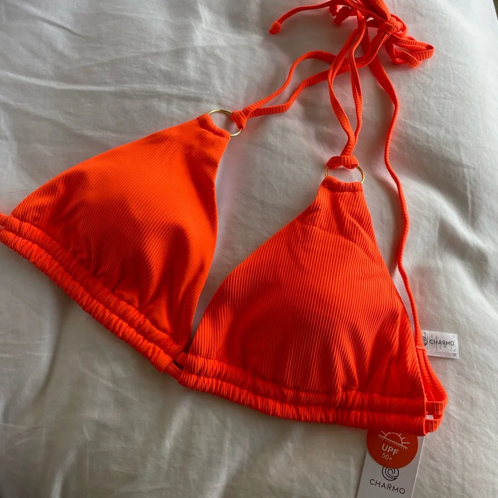 New Orange Ribbed Halter Two Piece Bikini Gold Rings - Picture 8 of 12